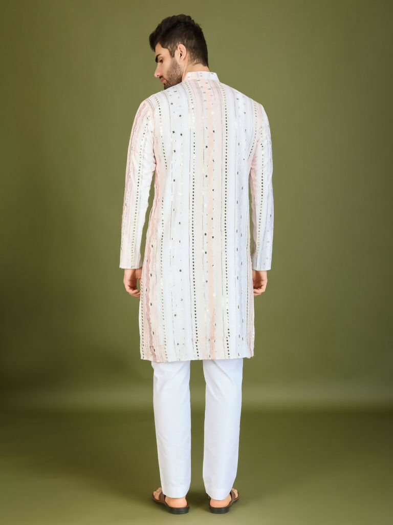 Vastranavya White Exclusive Festival Wear Pure Viscose Rayon Sequence & Foil Mirror Heavy Embroidered Work Kurta | Grocsy