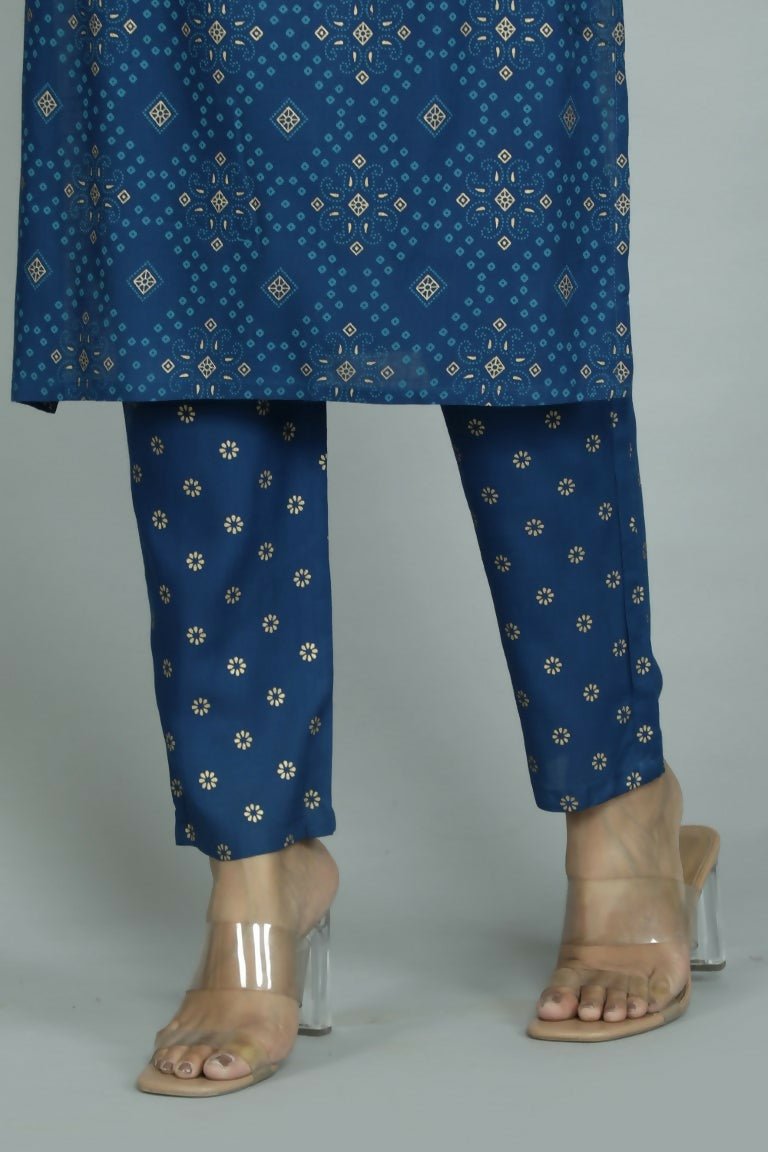 Alvano Printed Sequence Kurti with Pant and Dupatta set Rayon (Blue) | Grocsy