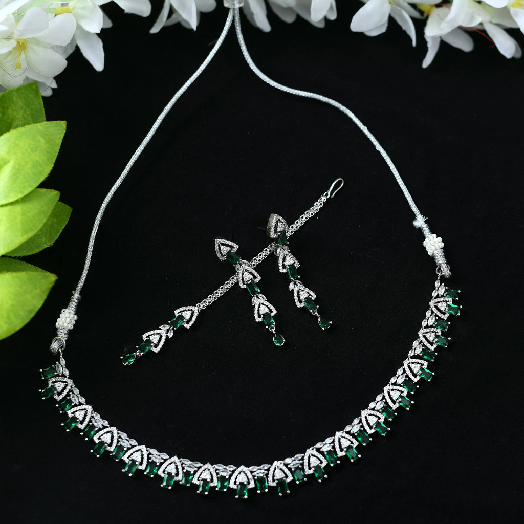 Mominos Fashion Johar Kamal Silver-Plated American Diamond Green Choker Set | Grocsy