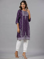 Juniper Women Purple Rayon Printed Knee Length Straight Kurta | Grocsy