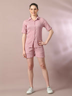 Myshka Women's Pink Solid Shirt Collar Party Shirt With Shorts Co-ord set | Grocsy