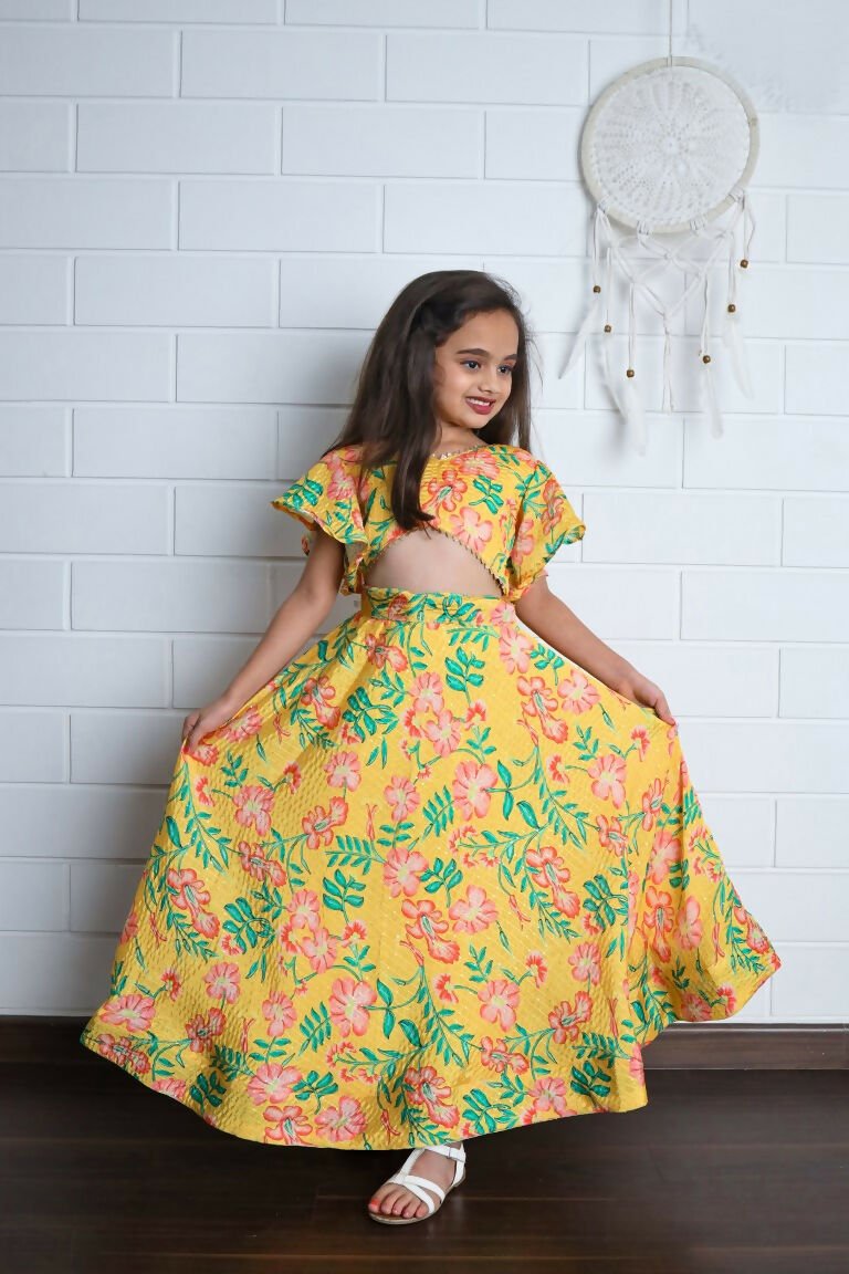 Aayaa Designer Printed Chinon Crochet Sequance Kids Lehenga Choli - Yellow | Grocsy