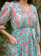 Kaajh Women's Green Hand Block Printed Dress | Grocsy