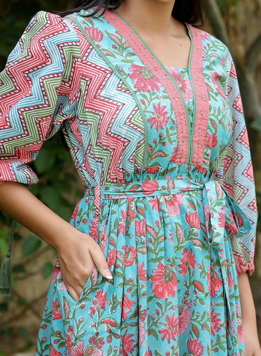 Kaajh Women's Green Hand Block Printed Dress | Grocsy