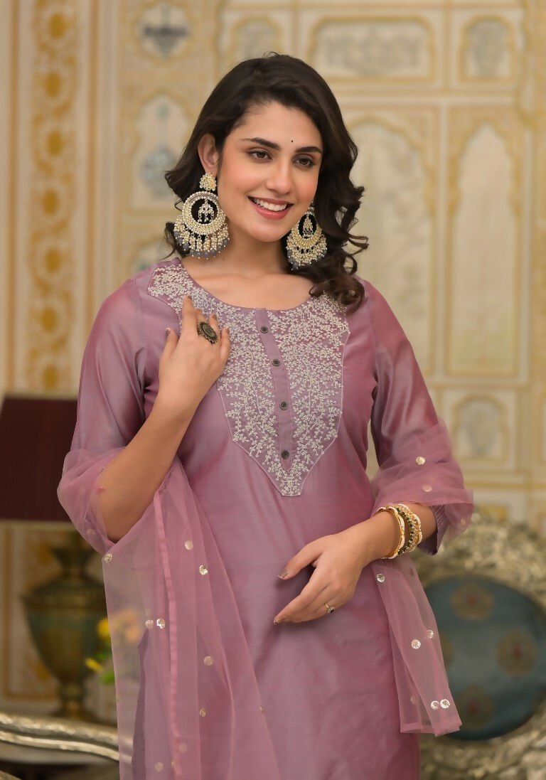 Partywear Designer Rose gold Cotton Silk Stitched Suit With Dupatta - Tanisha | Grocsy