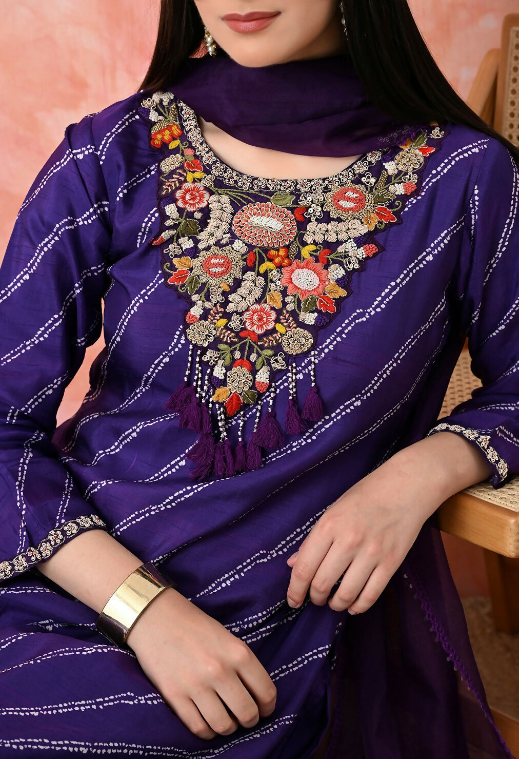 Joban Fashion Purple Premium Pure Viscose Print Dola With Handwork Kurta Set | Grocsy