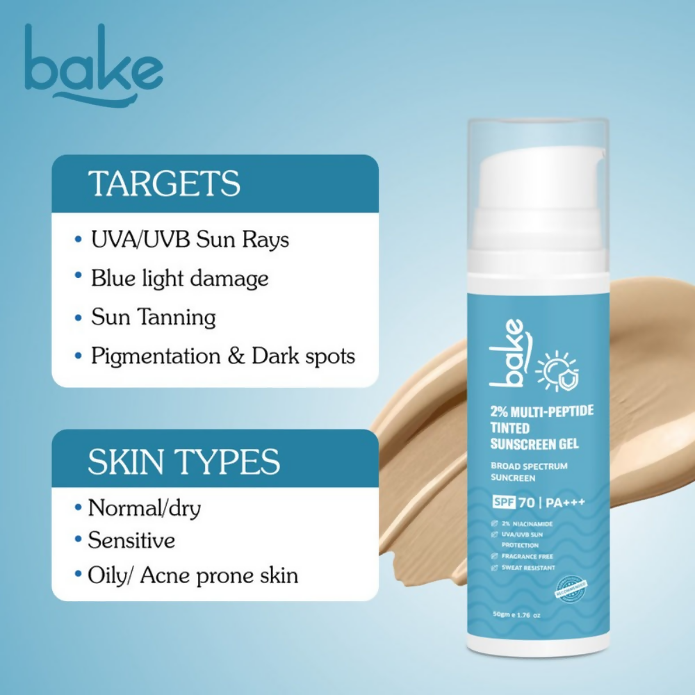 Bake 2% Multi Peptide Tinted Sunscreen Gel SPF 70 PA+++ | Grocsy