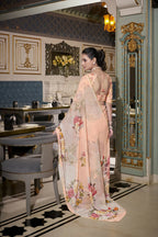 Vastranavya Peach Spectacular Georgette Printed with Pearl Lace Saree with Unstitched Blouse | Grocsy