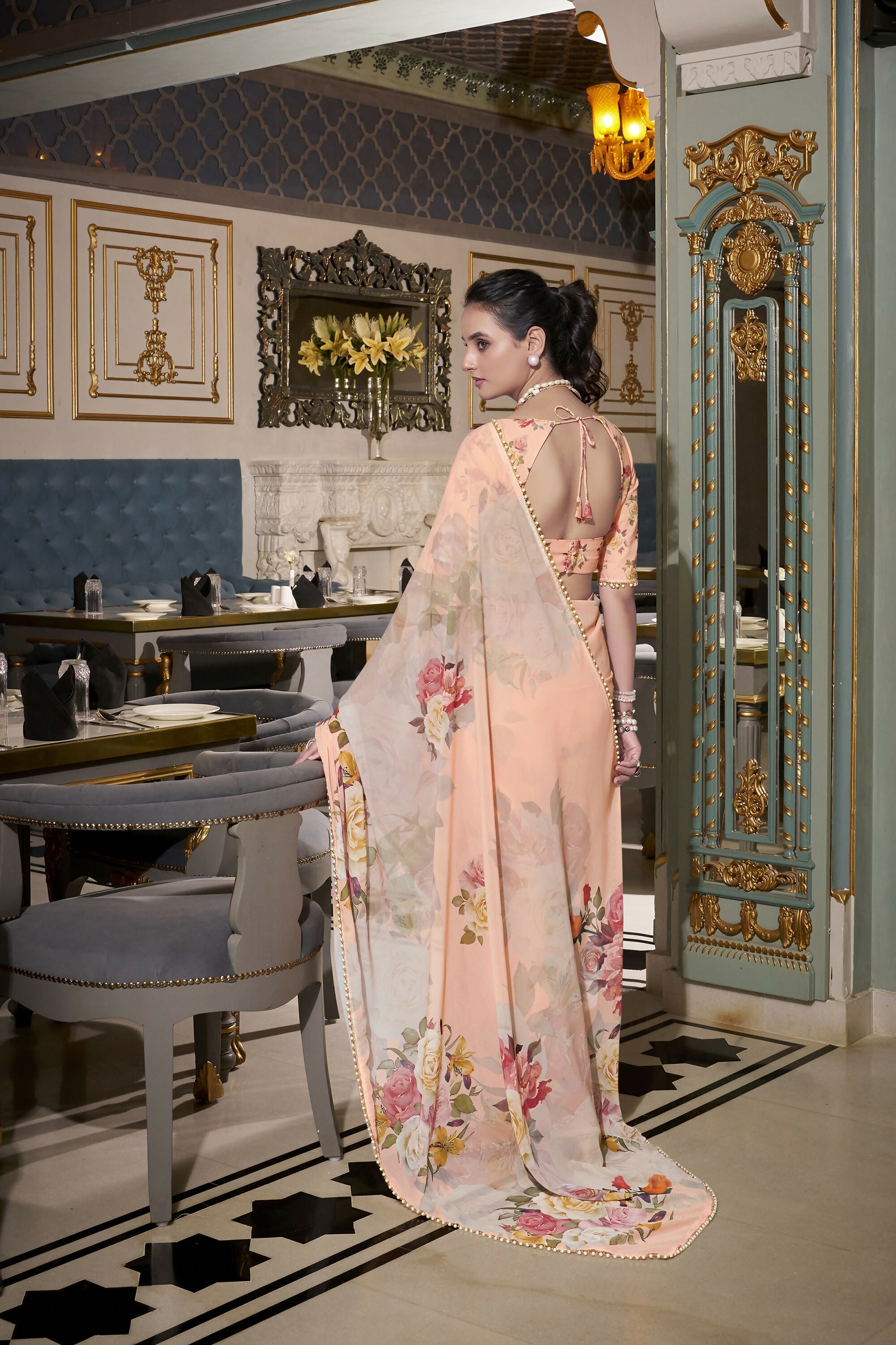 Vastranavya Peach Spectacular Georgette Printed with Pearl Lace Saree with Unstitched Blouse | Grocsy