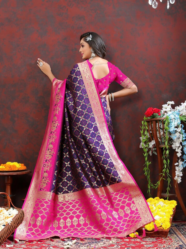 Vastranavya Navy Blue Soft Patola Silk With Meenakari Weaving Motifs And Rich Zari Weaving Pallu Saree With Matching Blouse Fabric | Grocsy