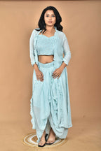 Morchari Women Hand Embroidery Crop Top-Sky | Grocsy