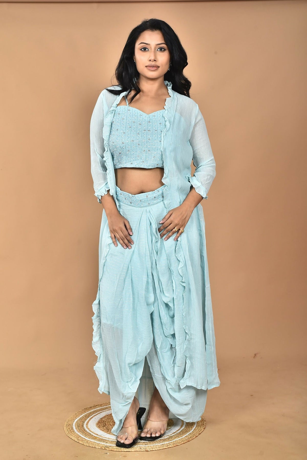 Morchari Women Hand Embroidery Crop Top-Sky | Grocsy