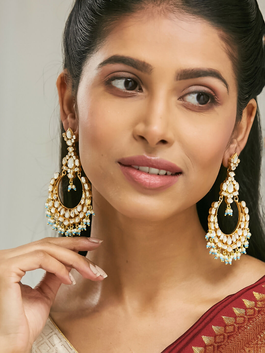 Nuyug 22K Gold-Plated Kundan Stone Studded & Pearl Beaded Chandbalis | Grocsy
