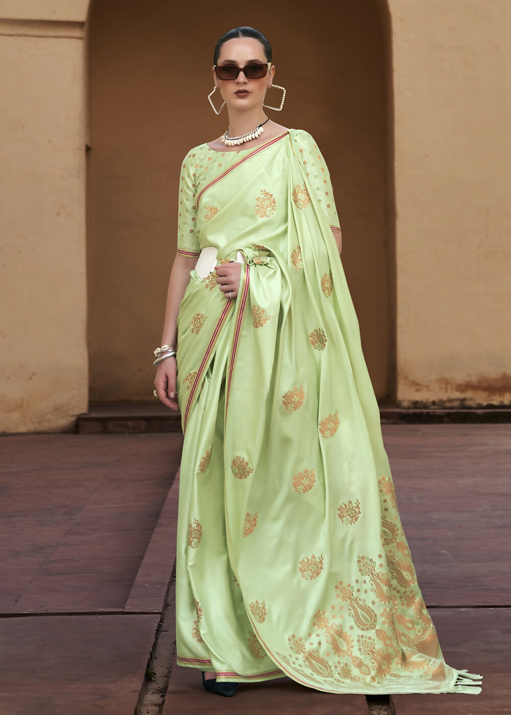 Sprout Green Pure Satin Zari Weaving Wedding Festive Saree - Emponline | Grocsy