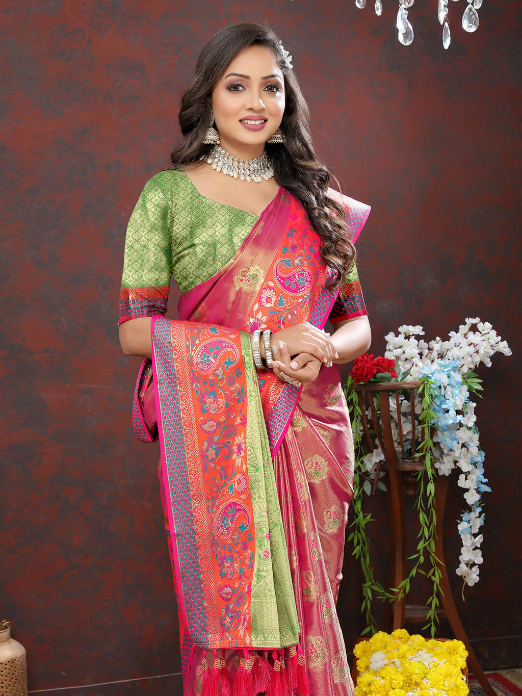 Lorenvalley Fashion Magenta Kanjivaram Silk Woven Design with Zari Weaving Saree | Grocsy