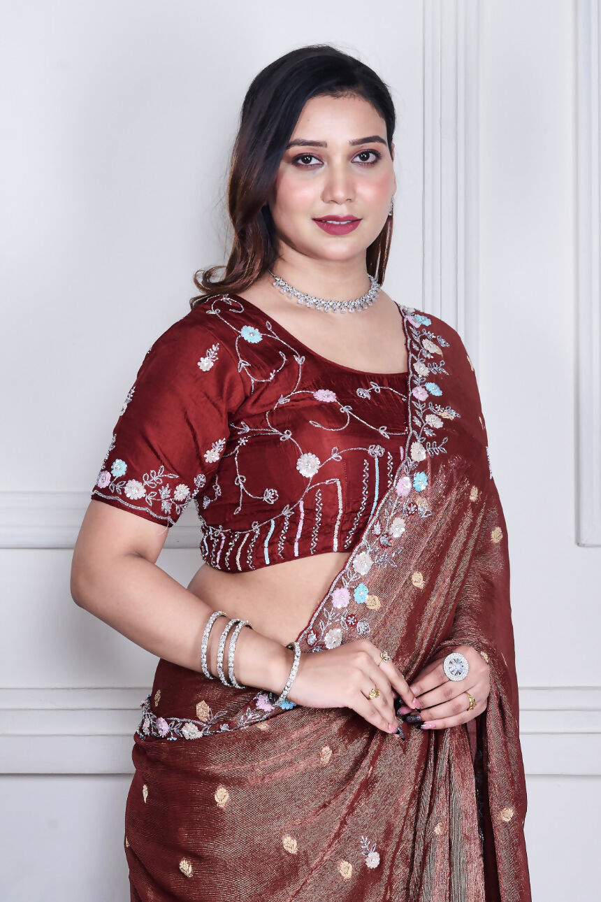 Morchari Brown Pure Chiffon Hand Embroidery Saree And Stitched Blouse | Grocsy