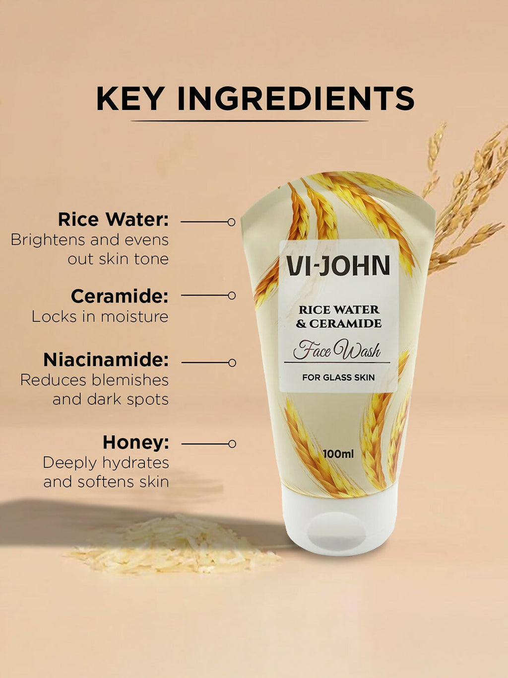 VI-JOHN Rice Water & Ceramide Face Wash For Glass Skin Deep Skin Clean | Grocsy