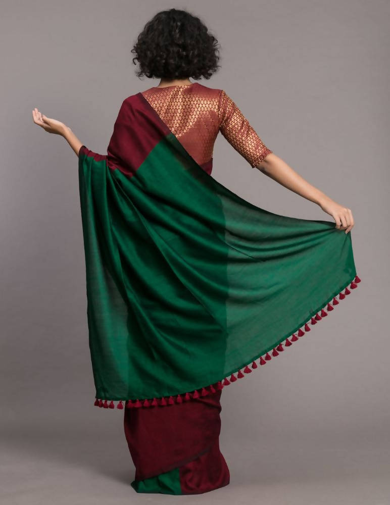 Suta Maroon Green Colourblocked Cotton Blend Saree | Grocsy