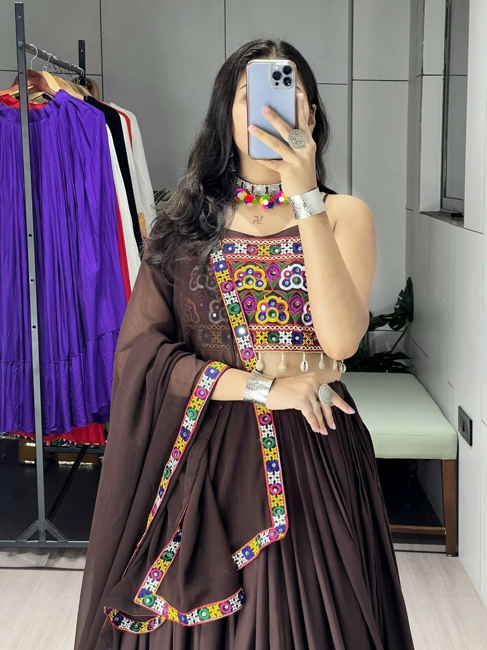 Yash Enterprise Brawn Rayon Cotton Embroidery Semi Stitched Navratri Top Chaniya Choli | Grocsy