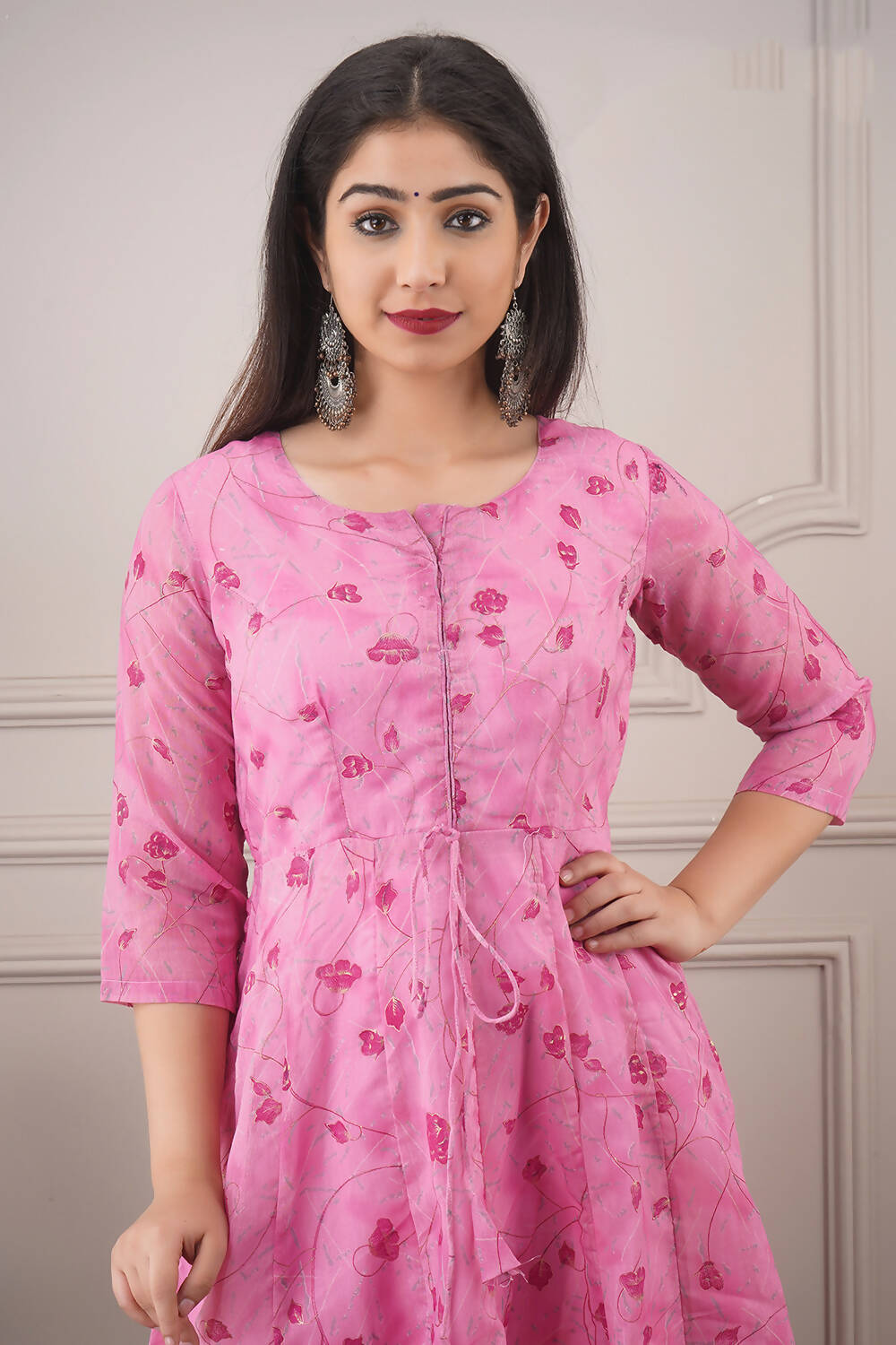 Partywear Designer Hand Screen and Foil Print pink Pure chanderi Gown - Anbazaar | Grocsy