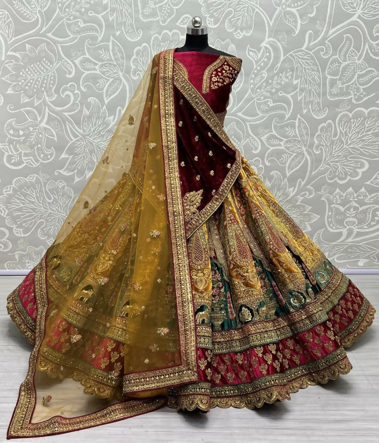 Jyoti Fashion Women's Mustard Velvet Multi Thread Embroidered, Patch Work with Zircon Diamond Wedding Lehenga Choli | Grocsy