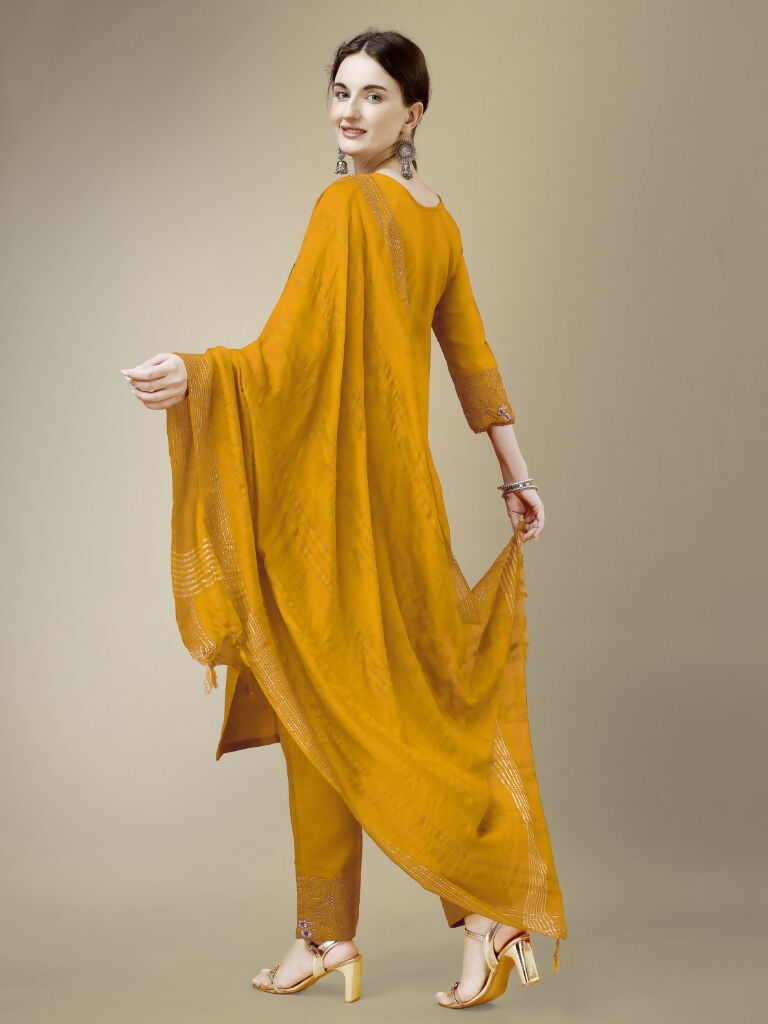 Jyoti Fashion Women's Yellow Cotton Blend Embroidery & Fancy Lace work Kurta with Trouser & Dupatta | Grocsy