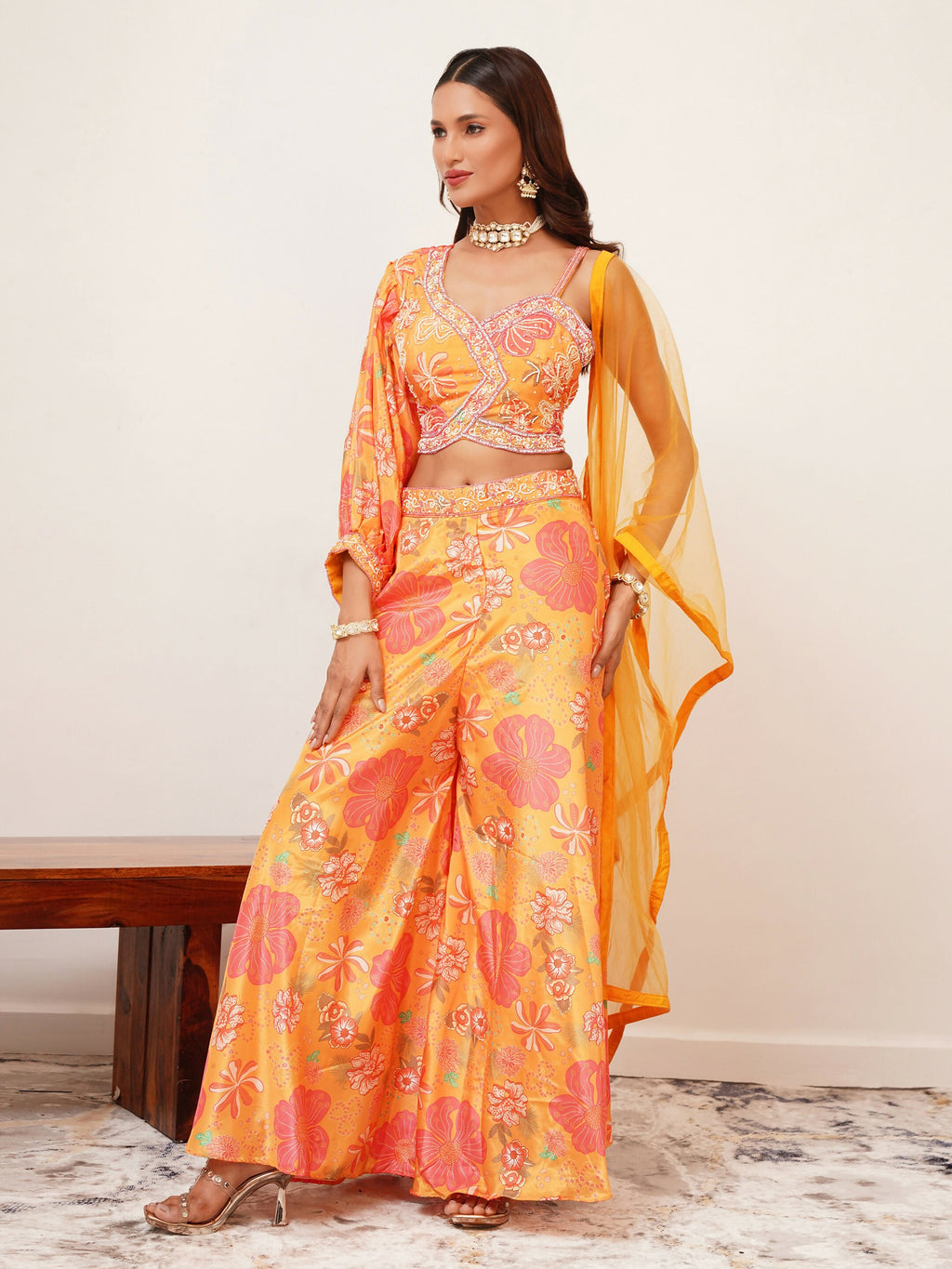 Orange Digital Chinon Handwork Top with Palazzo & Dupatta - Naomika | Grocsy