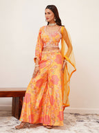 Orange Digital Chinon Handwork Top with Palazzo & Dupatta - Naomika | Grocsy