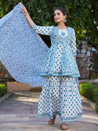 Juniper Women's Blue Cotton Cambric Floral Placement Printed Anarkali Kurta Sharara & Dupatta Set | Grocsy