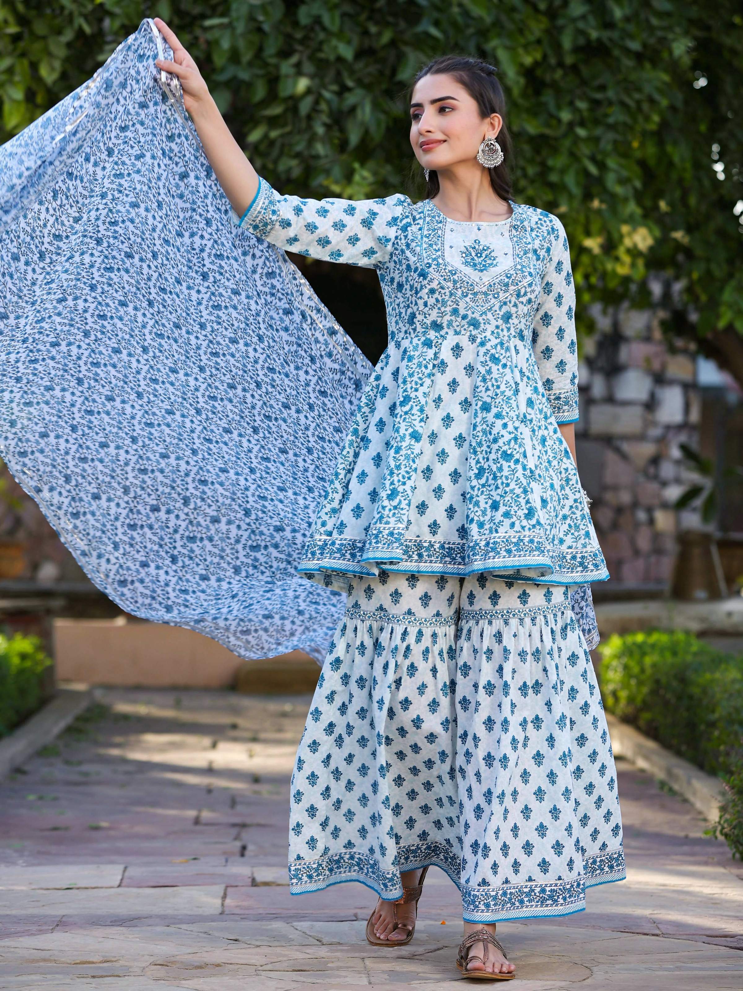 Juniper Women's Blue Cotton Cambric Floral Placement Printed Anarkali Kurta Sharara & Dupatta Set | Grocsy