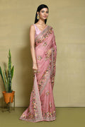 Pink Net Organza Silk Thread Emboidered with Stone Work Saree - Nimaya Benzy | Grocsy
