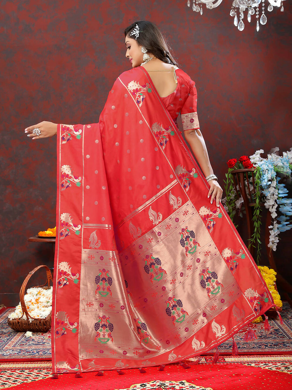 Lorenvalley Fashion Red Soft Paithani Silk Woven Design Copper Zari Meenakari Weaving Saree | Grocsy