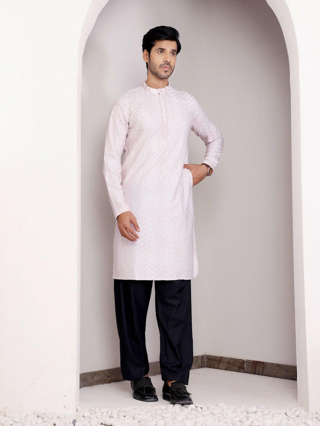 Light Pink Georgette Designer Chikankari Embroidery Work Men's Kurta - Mahotsav | Grocsy