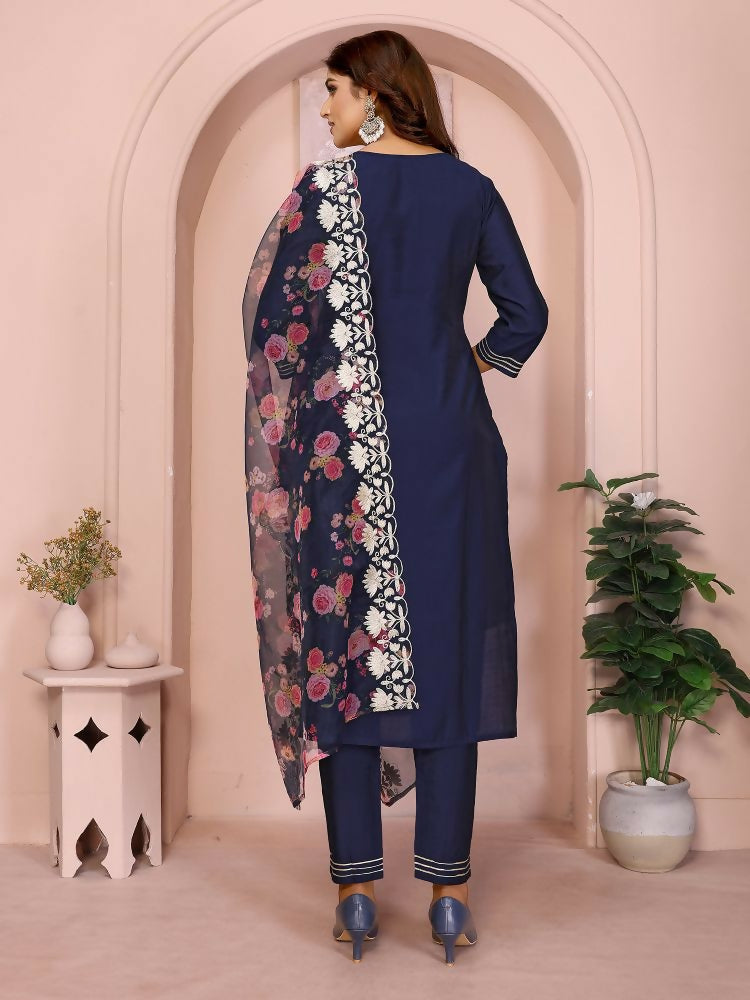 Joban Fashion Women Navy Blue Roman Embroidery Stitched Kurta Set | Grocsy