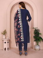 Joban Fashion Women Navy Blue Roman Embroidery Stitched Kurta Set | Grocsy
