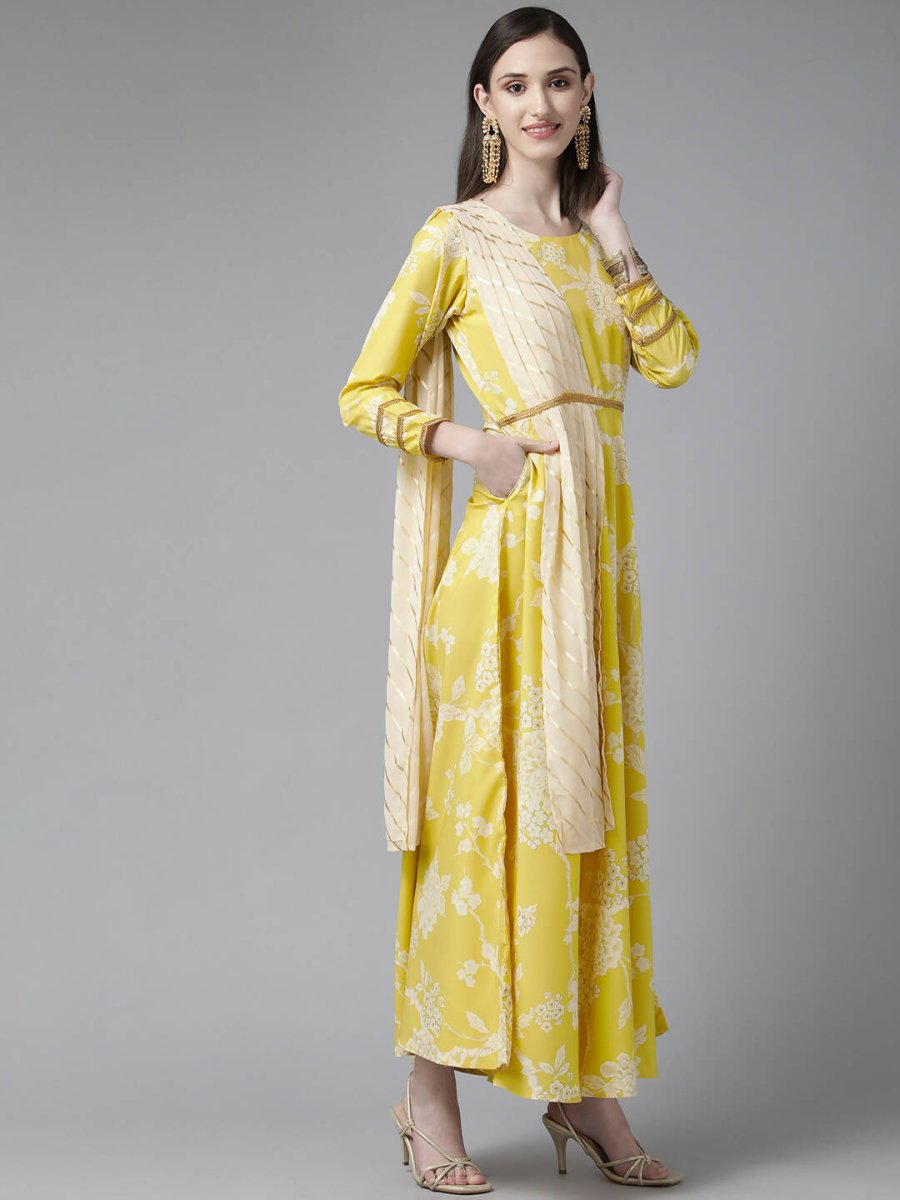 Ahalyaa Womens Lemmon Yellow Crepe Digital Printed Drapped Dress | Grocsy