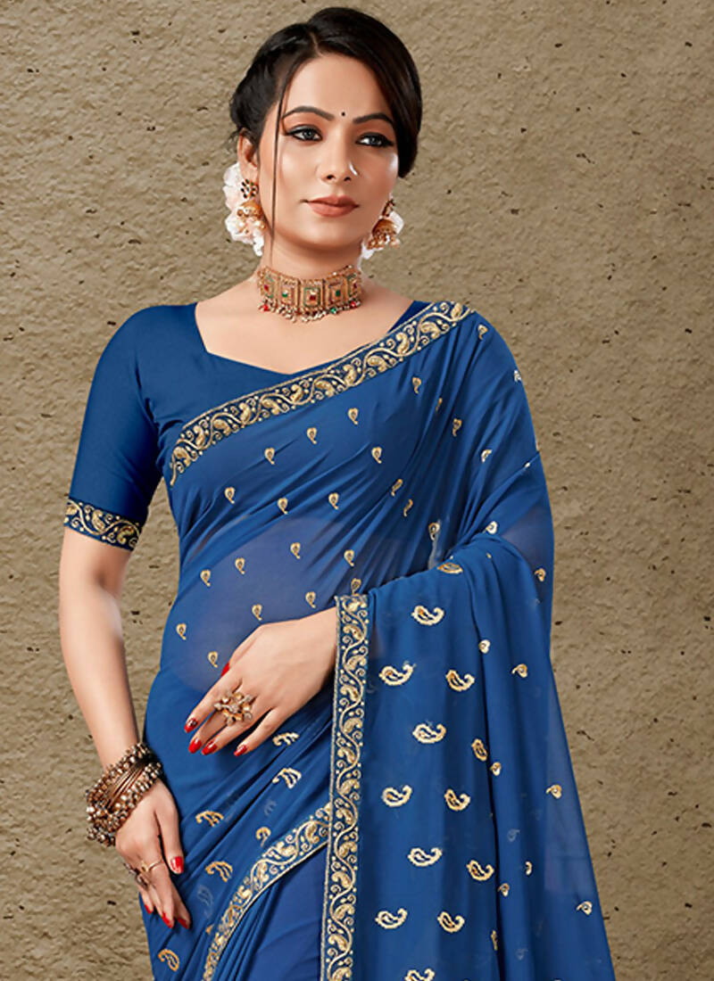 Blue Georgette Embroidered Saree with Unstitched Blouse Piece - Avika | Grocsy
