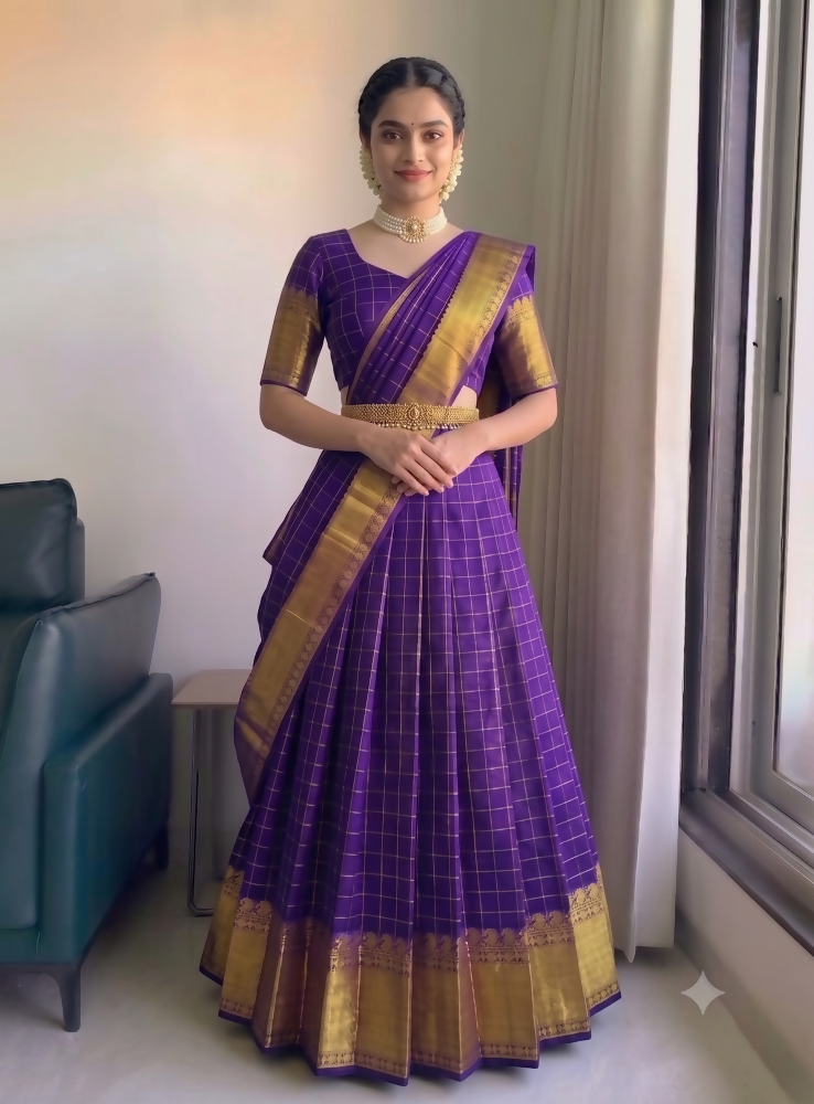 Teeya Creation Royal Purple Checkered Silk Lehenga Choli with Rich Gold Zari Border | Grocsy