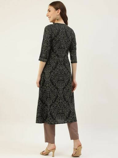 FIORRA Women's Black Printed Flared Cotton Kurta | Grocsy