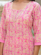 Juniper Women's Pink Ethnic Motif Printed Cotton Kurta Pant With Dupatta Set With Sequins & Lace | Grocsy