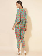 Janasya Women's Blue Cotton Printed Casual Peplum Co-ords | Grocsy
