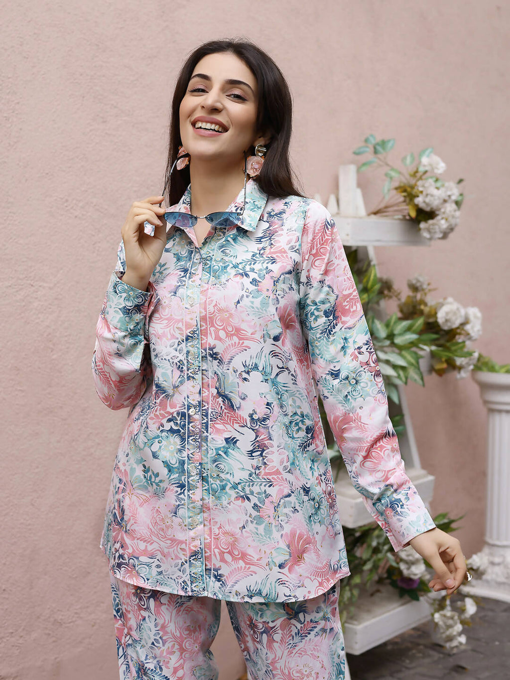 Blue & Pink Rayon Floral Printed Top with Matching Bottom - Eesha | Grocsy