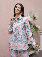 Blue & Pink Rayon Floral Printed Top with Matching Bottom - Eesha | Grocsy