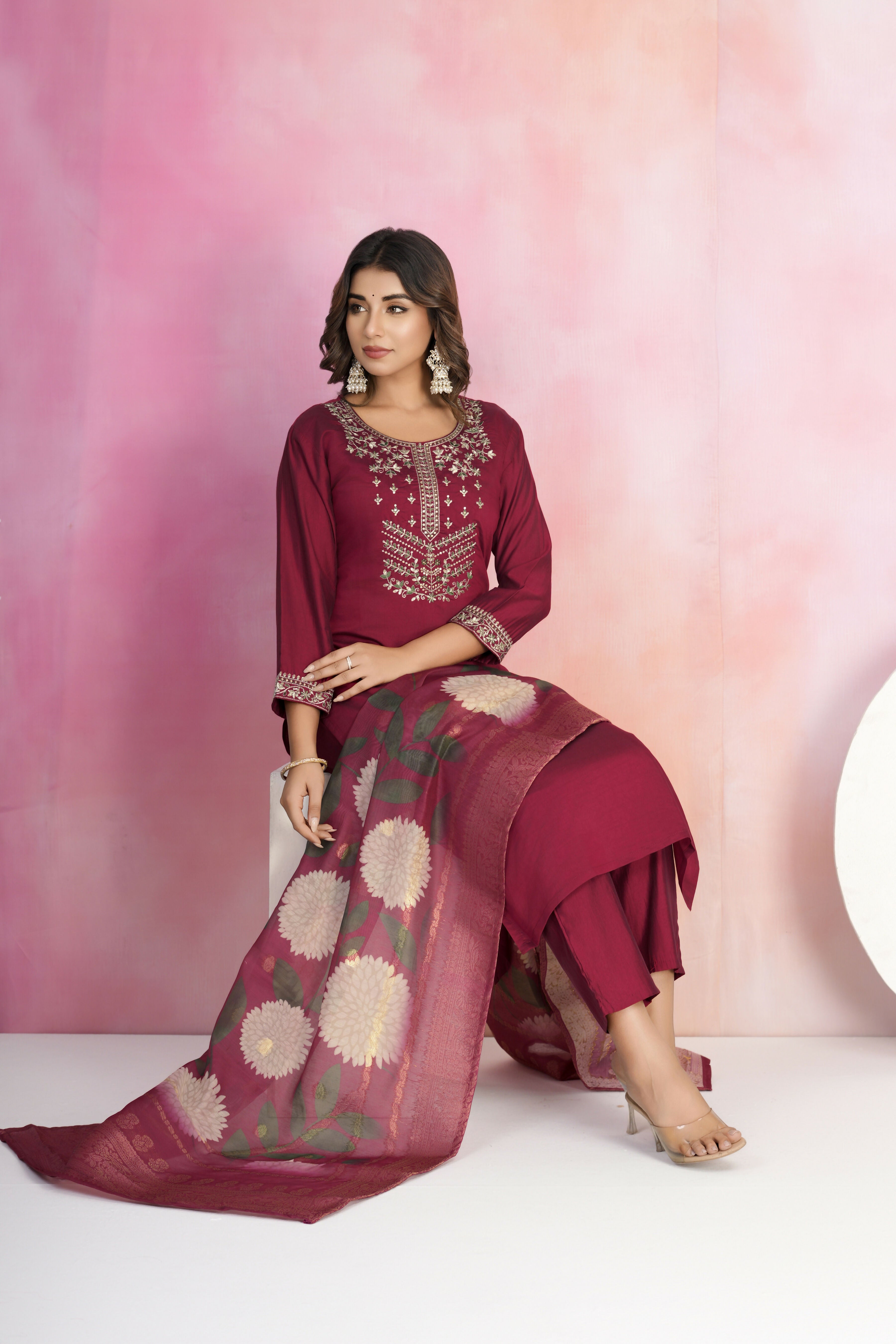 Ethnic Festive Wear Viscose Chanderi Maroon Stitched Suit With Dupatta - Tanisha | Grocsy