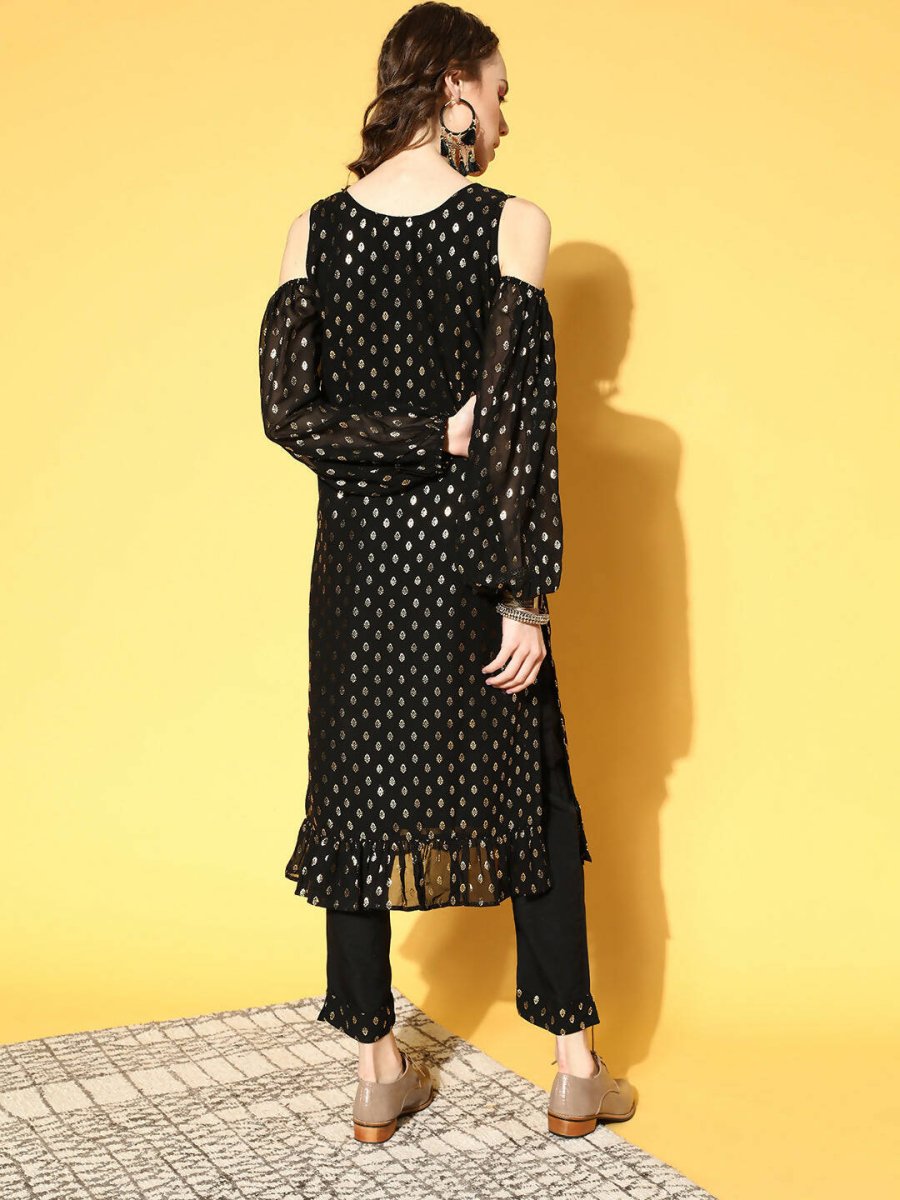 Ahalyaa Women Black Colour Georgette Gold Foil Printed Kurta Pant Set | Grocsy