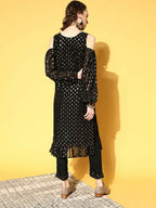 Ahalyaa Women Black Colour Georgette Gold Foil Printed Kurta Pant Set | Grocsy
