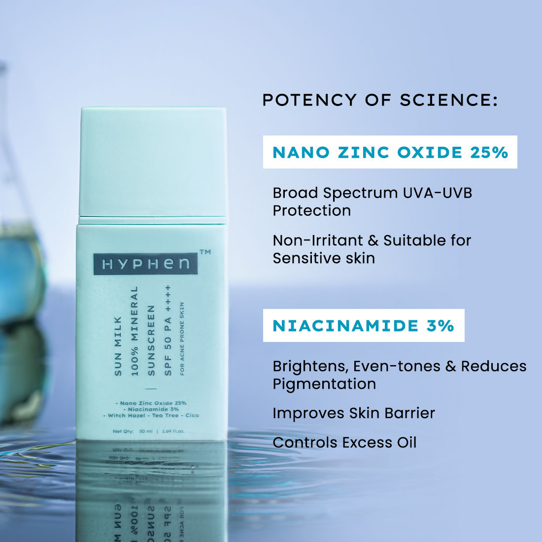 Hyphen Sun Milk 100% Mineral Sunscreen SPF 50 PA++++ 25% Nano Zinc Oxide For Acne Prone, Oily Skin | Grocsy