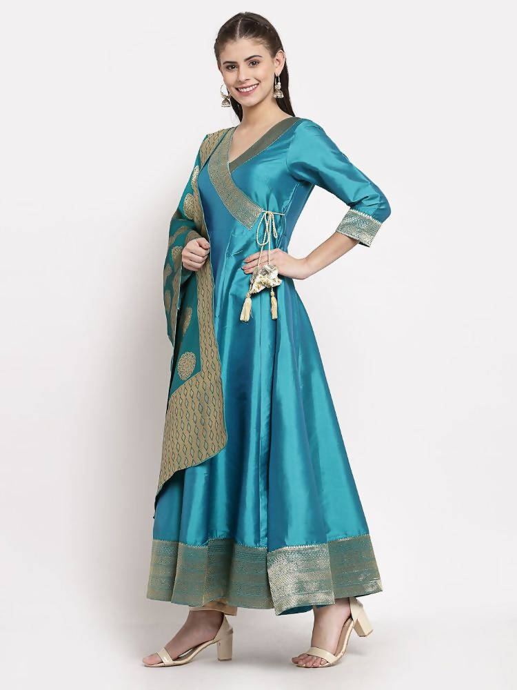 Myshka Women's Green Silk Solid 3/4 Sleeve V Neck Casual Anarkali Gown | Grocsy