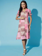 Myshka Women Multi-Geometric Rayon A-Line V-Neck Dress | Grocsy