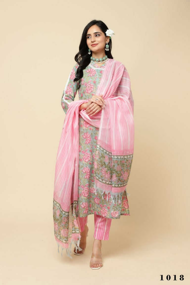 Designer Stylish Pink Cotton Blend Stitched Suit With Dupatta - Tanisha | Grocsy
